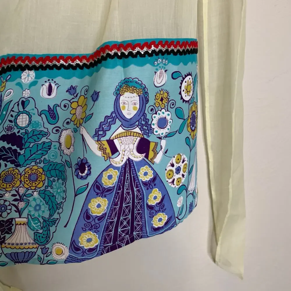 Vintage 60s Sheer Yellow Half Apron Folk Art Scandinavian Blue Hem OSFM